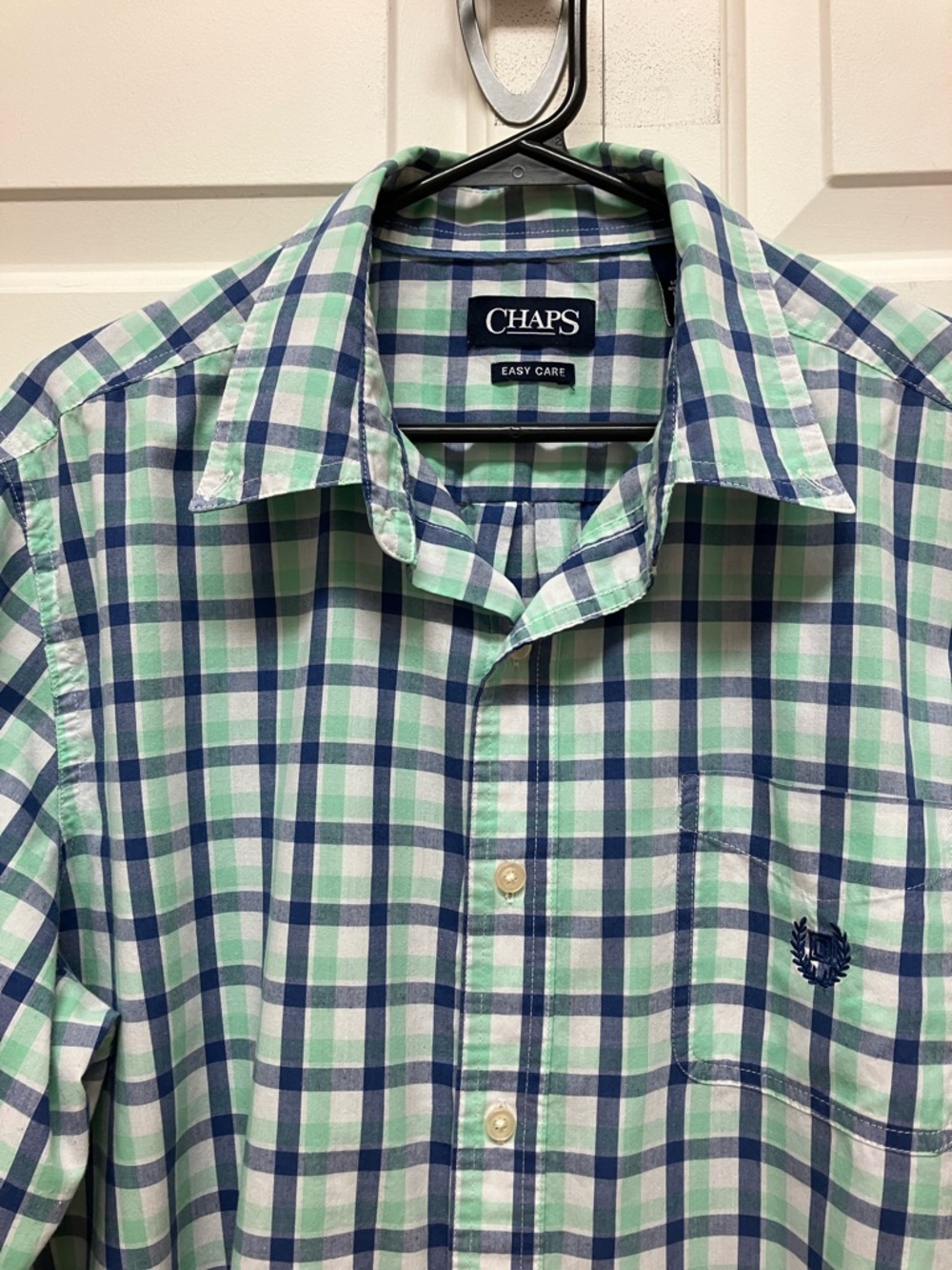 Chaps button down oxford long sleeve collared shirt blue/green/white checkered L